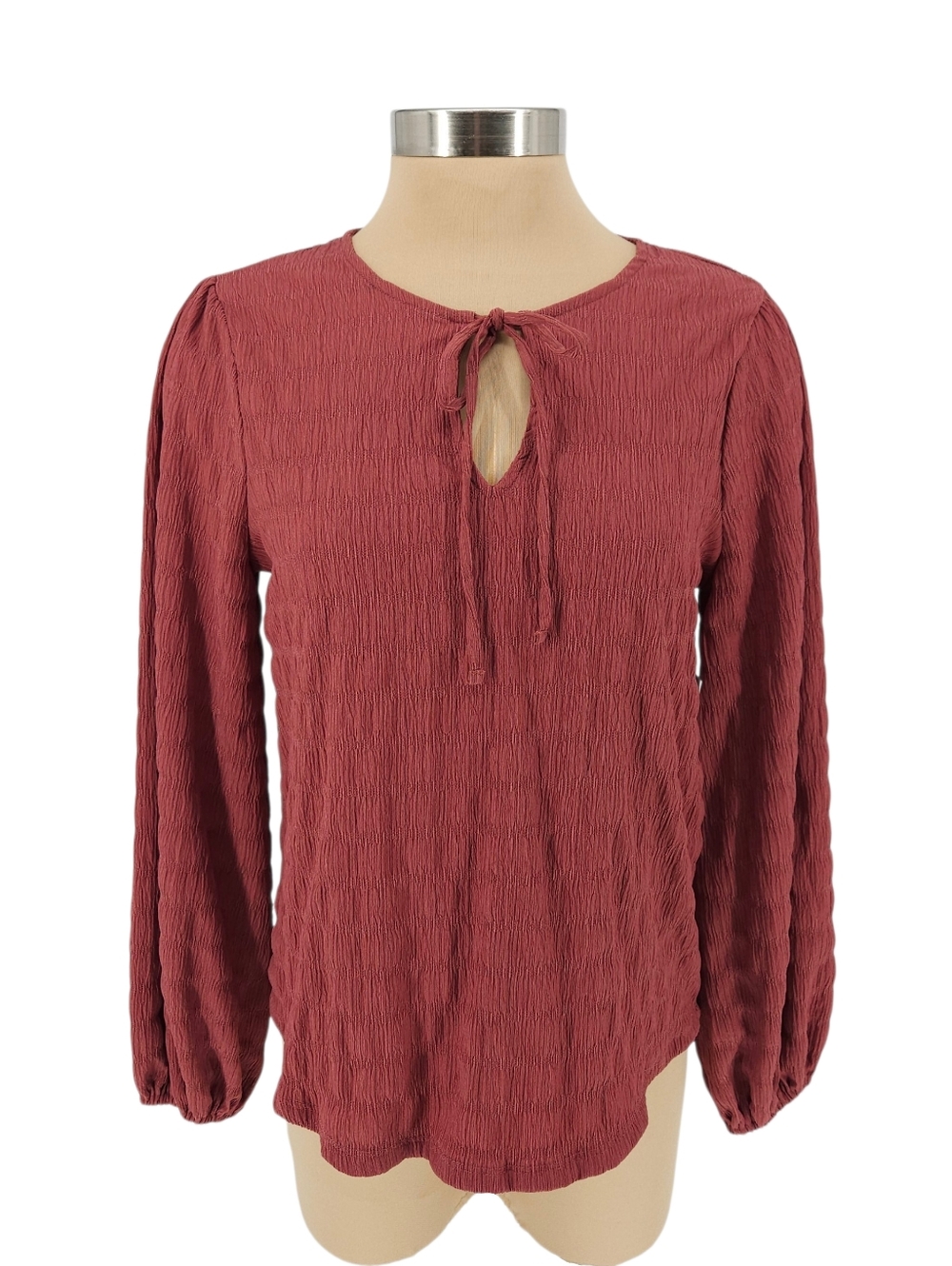 Nine West Peasant Shirt Textured Mauve Long Sleeve Keyhole Neck Top Small